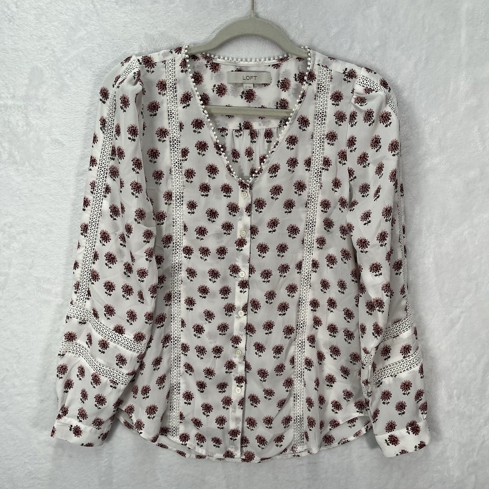 LOFT Vneck Button Front Blouse Womens XS Floral Pom Pom Neck Lace Inset Detail
